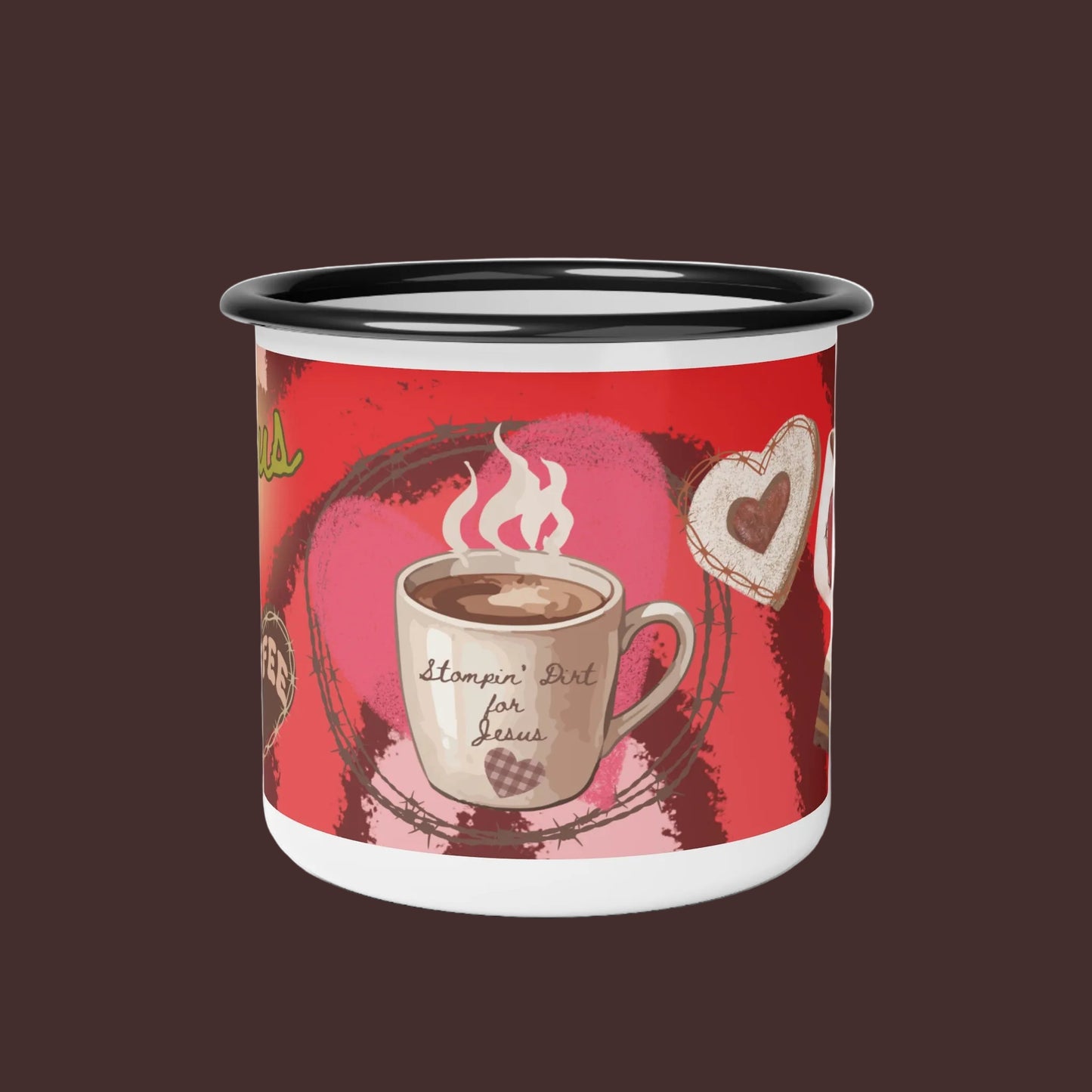 Enamel Camp Cup — "Jesus & Coffee" Heart Coffee Mug, Faith-Based Camping Drinkware|Iamproud2beme Apparel|Woman At The Well Unleashed 🤎