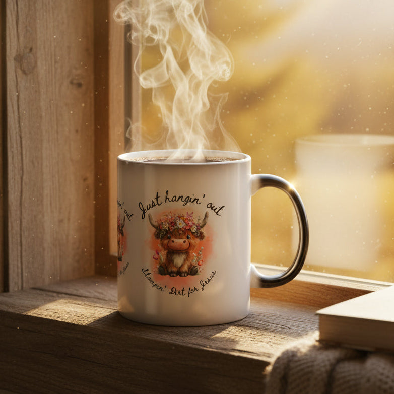 Color-Changing Mug — "Just Hangin' Out" Floral Highland Cow 11oz