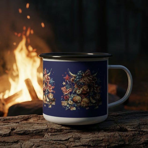 🇺🇸Patriotic Highland Cow Enamel Camp Cup — 12oz.|navy
