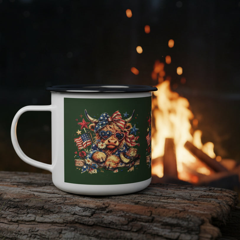 🇺🇸 Patriotic Highland Cow Enamel Camp Cup – 12oz|Green