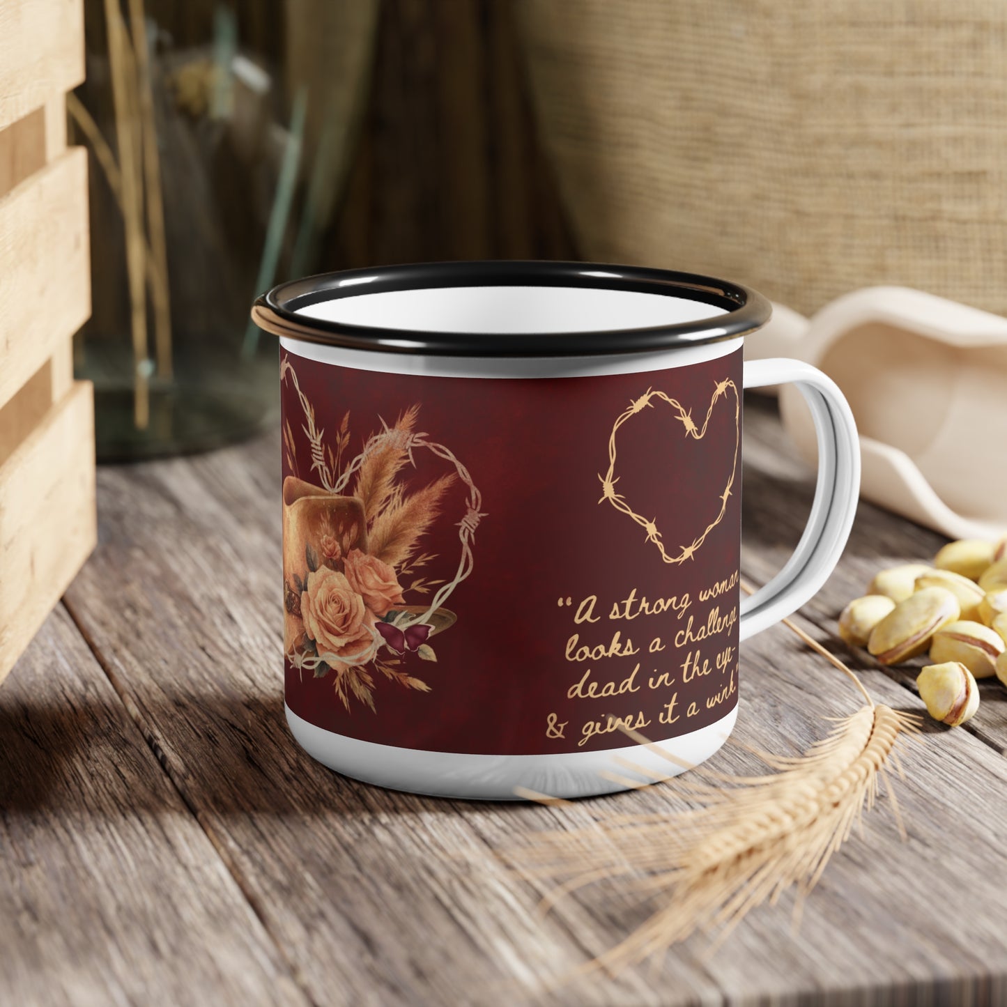 Enamel Camp Cup-"Strong Women Wink" Western Hat-Heart Graphic Camper Mug| Iamproud2bme Apparel|Woman At The Well Unleashed🤎