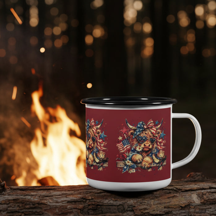 🇺🇸Patriotic Highland Cow Enamel Camp Cup — 12oz.|red