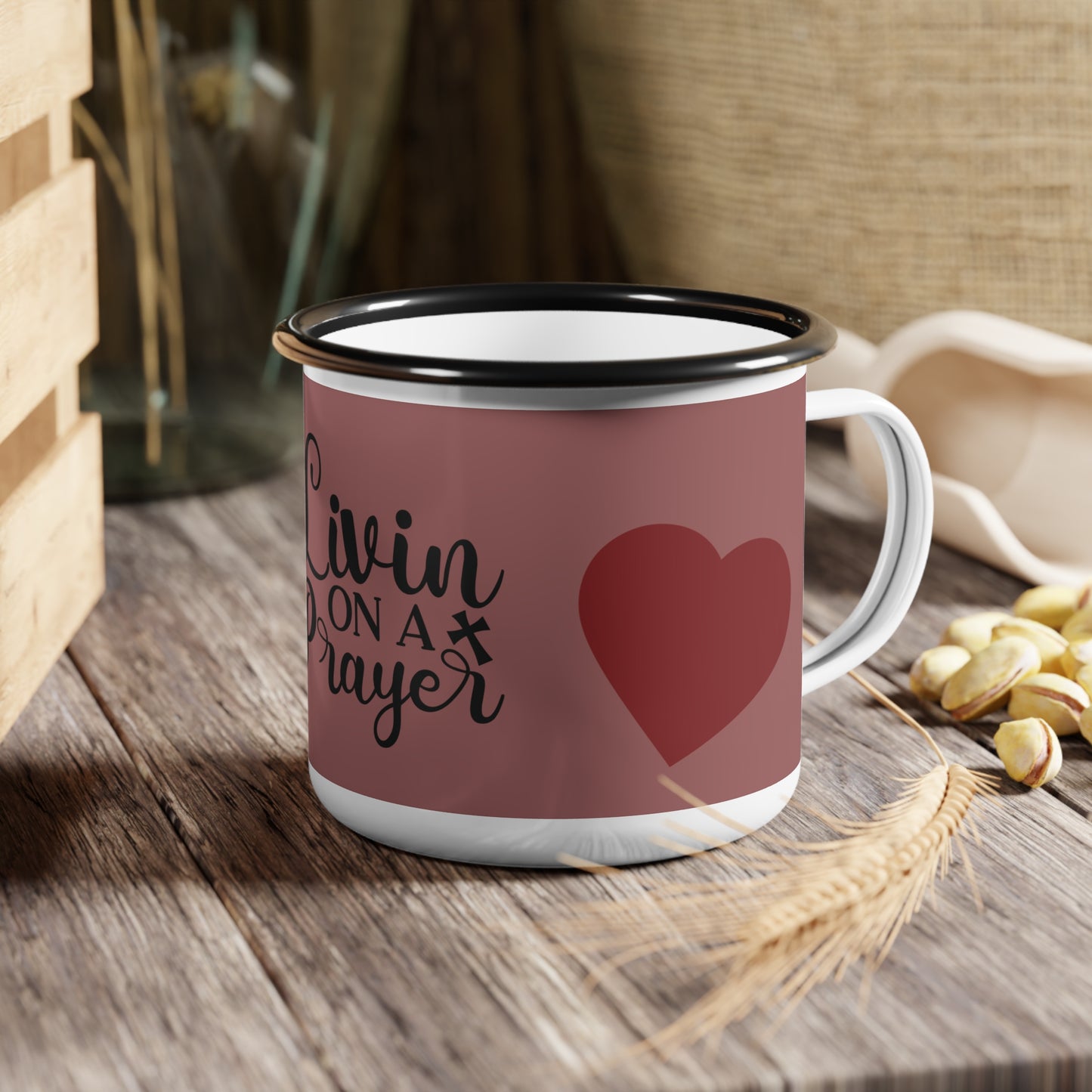 Enamel Camp Cup — "Livin on a Prayer" Heart Graphic Camper Mug|Iamproud2beme Apparel|Woman At The Well Unleashed 🤎