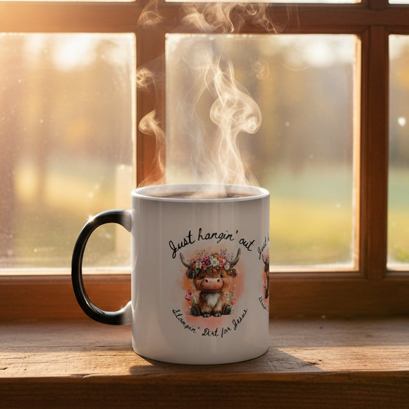 Color-Changing Mug — "Just Hangin' Out" Floral Highland Cow 11oz