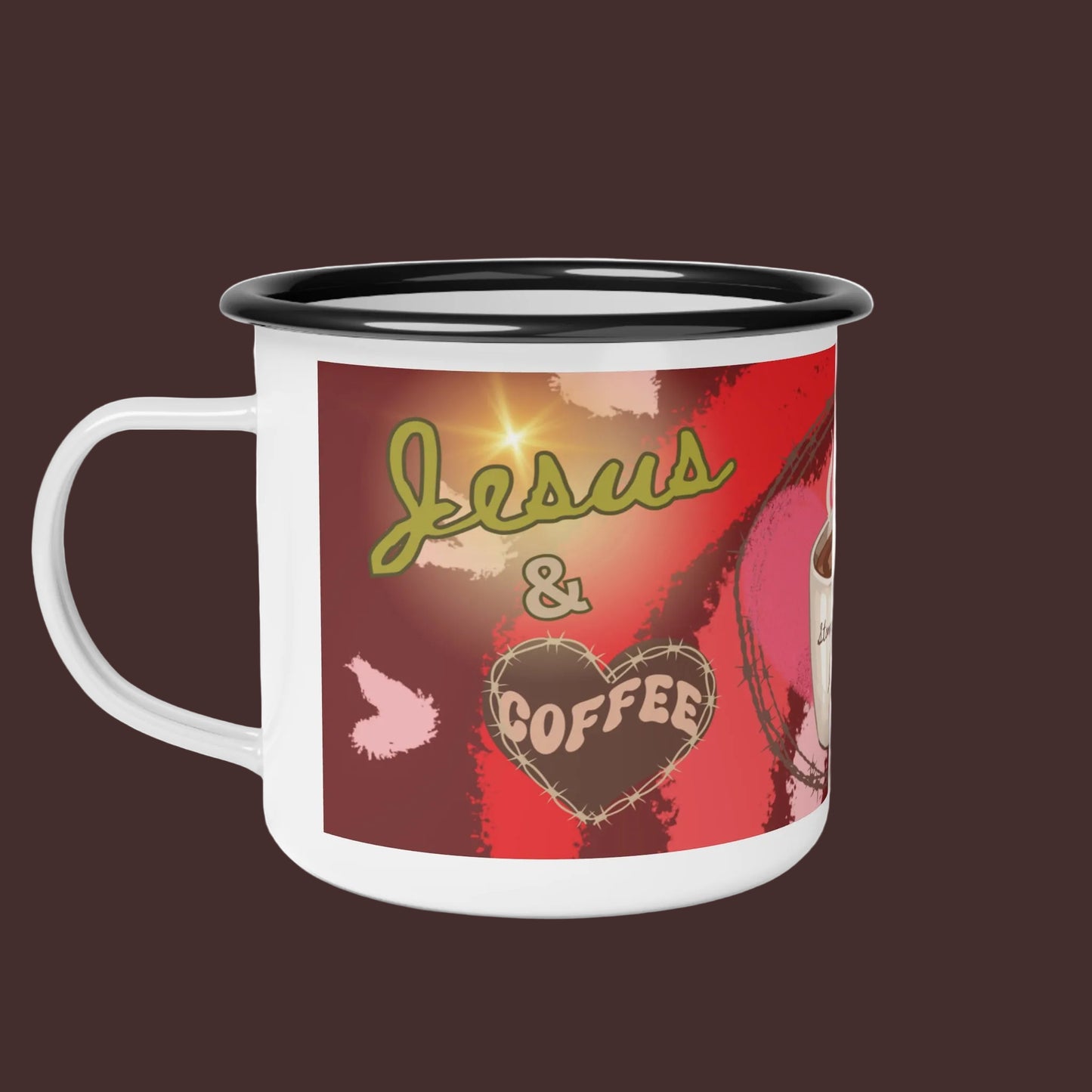 Enamel Camp Cup — "Jesus & Coffee" Heart Coffee Mug, Faith-Based Camping Drinkware|Iamproud2beme Apparel|Woman At The Well Unleashed 🤎
