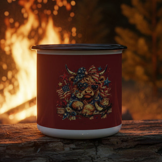 🇺🇸Patriotic Highland Cow Enamel Camp Cup — 12oz.|red