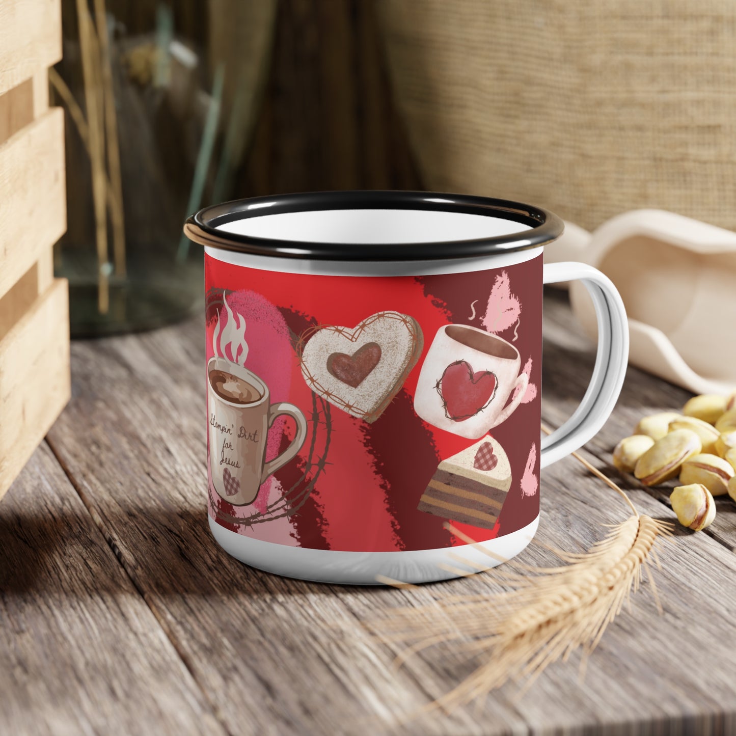 Enamel Camp Cup — "Jesus & Coffee" Heart Coffee Mug, Faith-Based Camping Drinkware|Iamproud2beme Apparel|Woman At The Well Unleashed 🤎