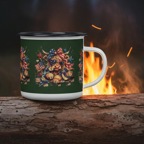 🇺🇸 Patriotic Highland Cow Enamel Camp Cup – 12oz|Green