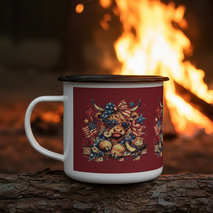 🇺🇸Patriotic Highland Cow Enamel Camp Cup — 12oz.|red