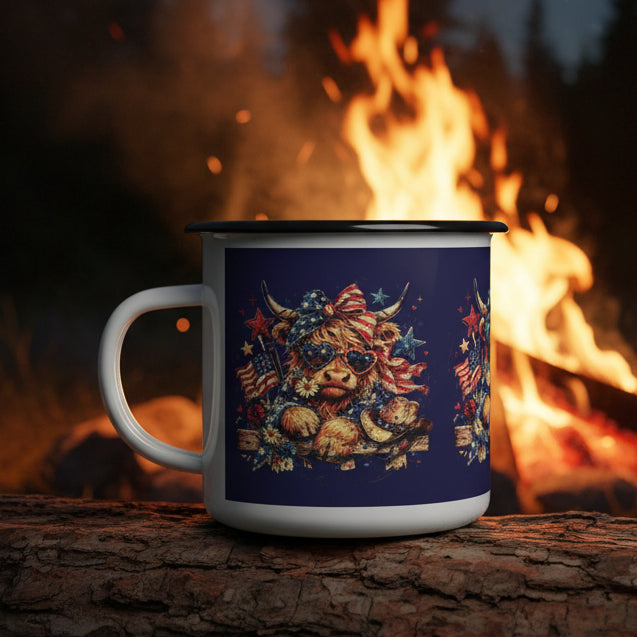 🇺🇸Patriotic Highland Cow Enamel Camp Cup — 12oz.|navy