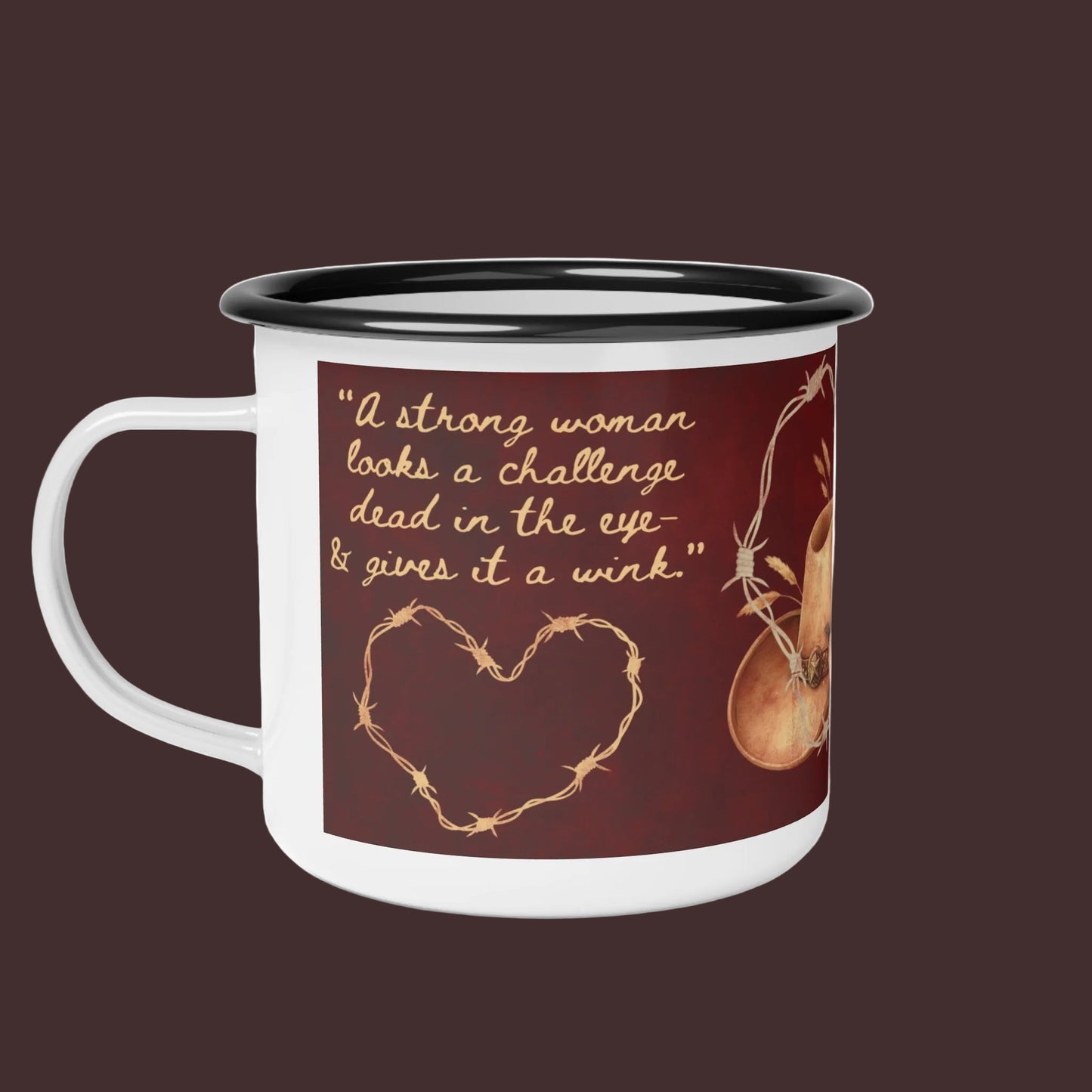 Enamel Camp Cup-"Strong Women Wink" Western Hat-Heart Graphic Camper Mug| Iamproud2bme Apparel|Woman At The Well Unleashed🤎