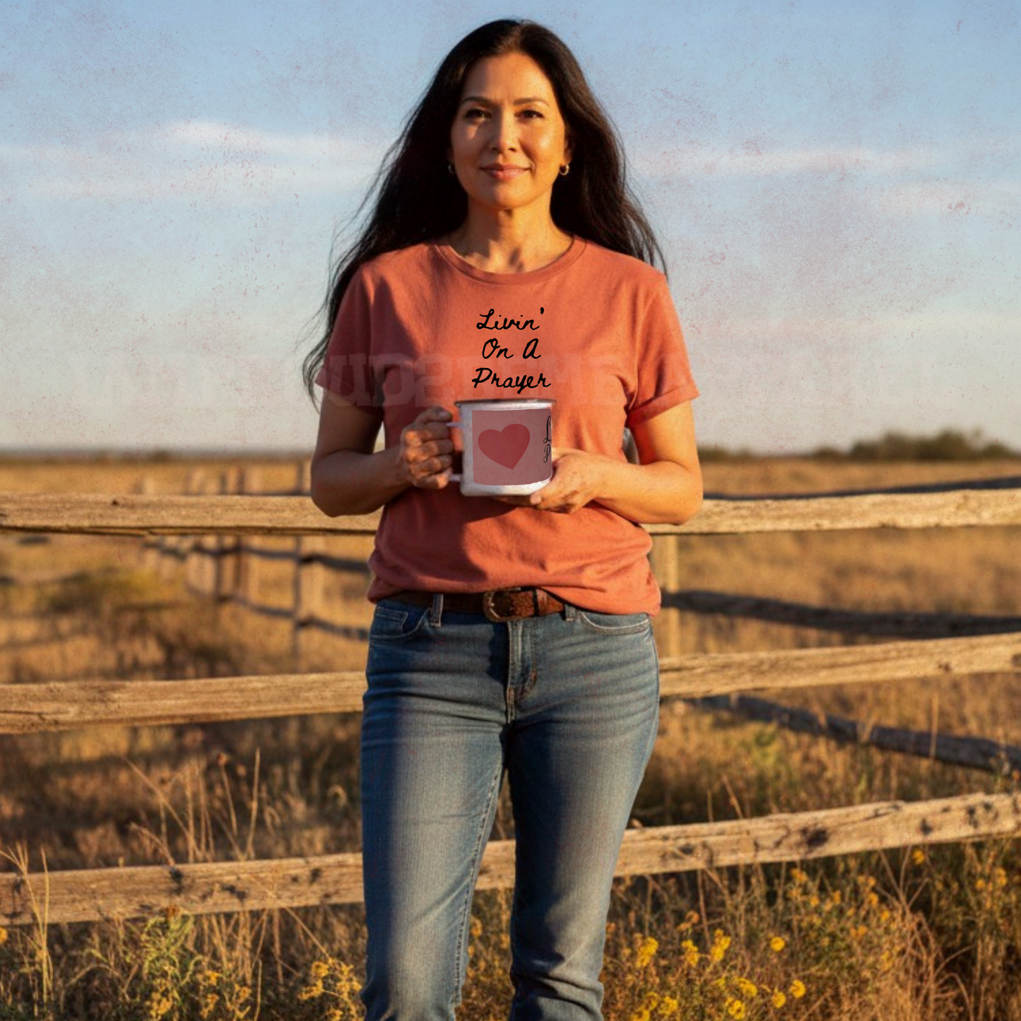 Enamel Camp Cup — "Livin on a Prayer" Heart Graphic Camper Mug|Iamproud2beme Apparel|Woman At The Well Unleashed 🤎