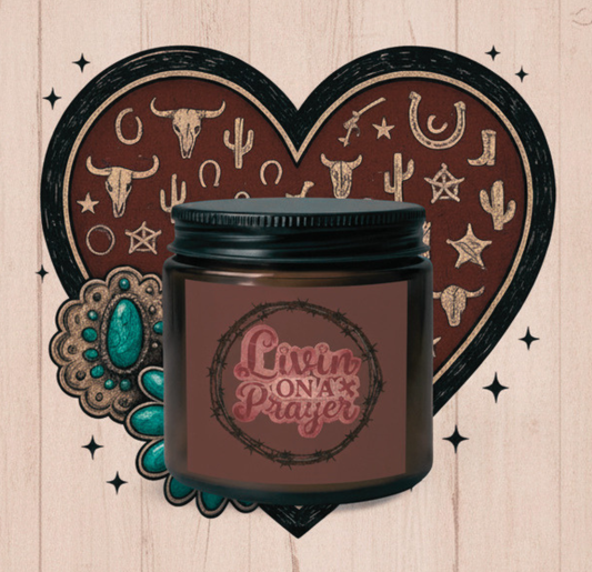 Livin' on a Prayer Candle Set —4oz. Scented Jar with Matches & Wick Trimmer|Iamproud2beme Apparel| Woman At The Well Unleashed 🤎