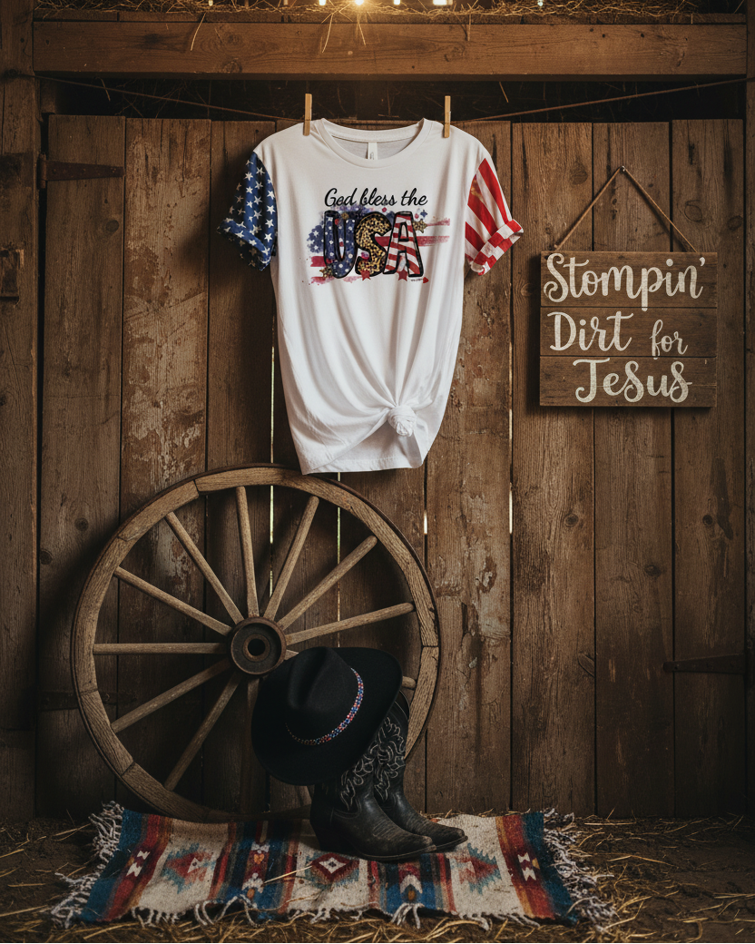 God Bless the USA Patriotic T-Shirt | Women's American Flag Country Western Tee | Rustic Fourth of July Shirt | Cowgirl Independence Day T-Shirt