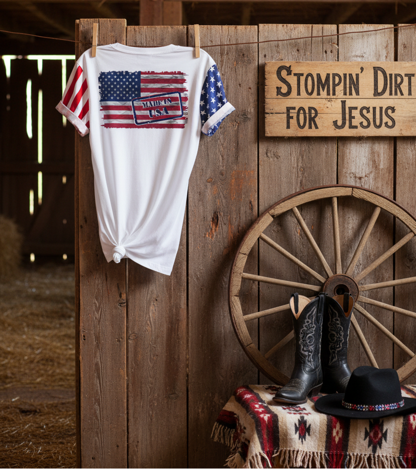 God Bless the USA Patriotic T-Shirt | Women's American Flag Country Western Tee | Rustic Fourth of July Shirt | Cowgirl Independence Day T-Shirt