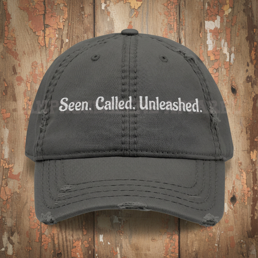 Embroidered 'Seen. Called. Unleashed.' Distressed Hat|Iamproud2beme Apparel| Woman At the Well Unleashed