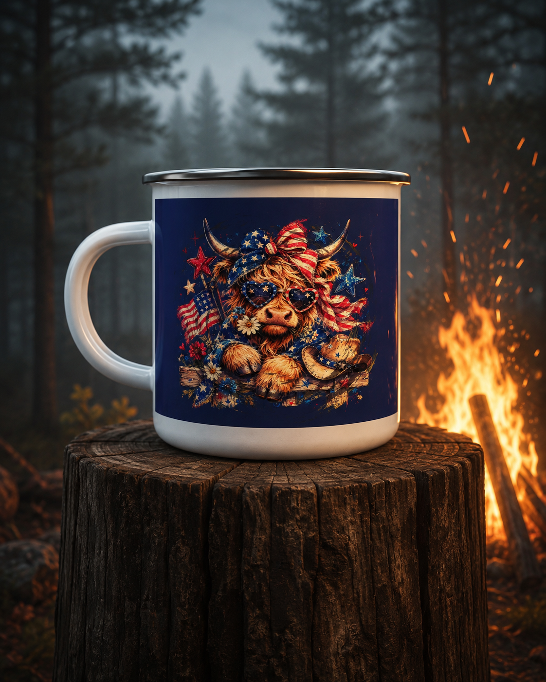 🇺🇲Patriotic Highland Cow Enamel Camp Cup – 12oz|Navy