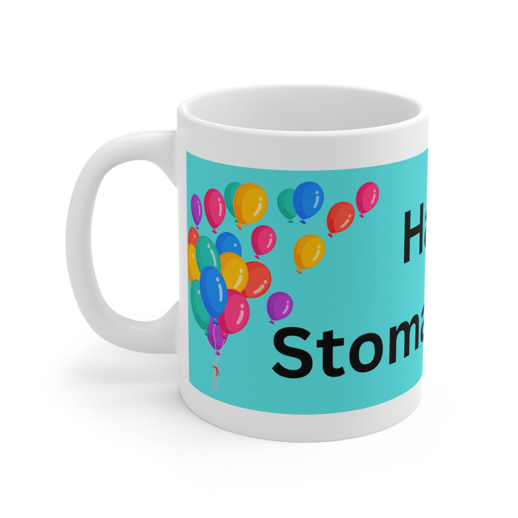 HAPPY STOMA-VERSARY White Ceramic Mug (turquoise)