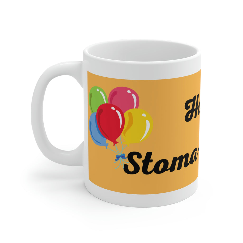 HAPPY STOMA-VERSARY White Ceramic Mug (peach/black)