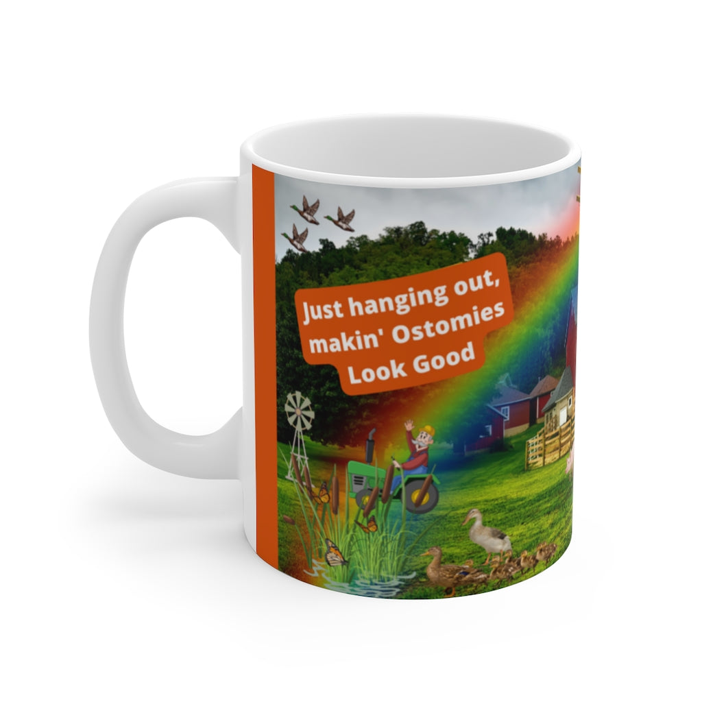 MAKIN' OSTOMIES LOOK GOOD ON THE FARM White Ceramic Mug (orange)