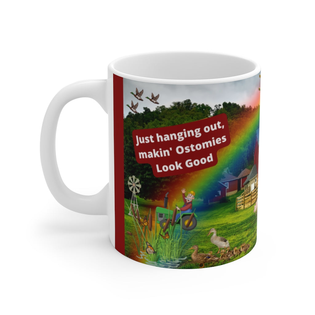 MAKIN' OSTOMIES LOOK GOOD ON THE FARM White Ceramic Mug (deep barn red)