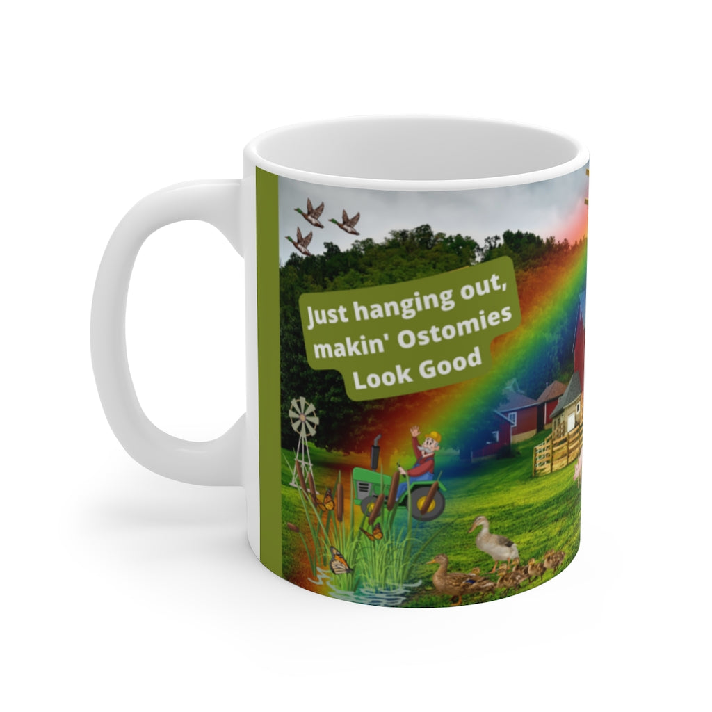 MAKIN' OSTOMIES LOOK GOOD ON THE FARM White Ceramic Mug (green)