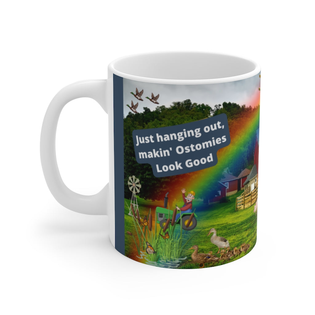 MAKIN' OSTOMIES LOOK GOOD ON THE FARM White Ceramic Mug (blue)