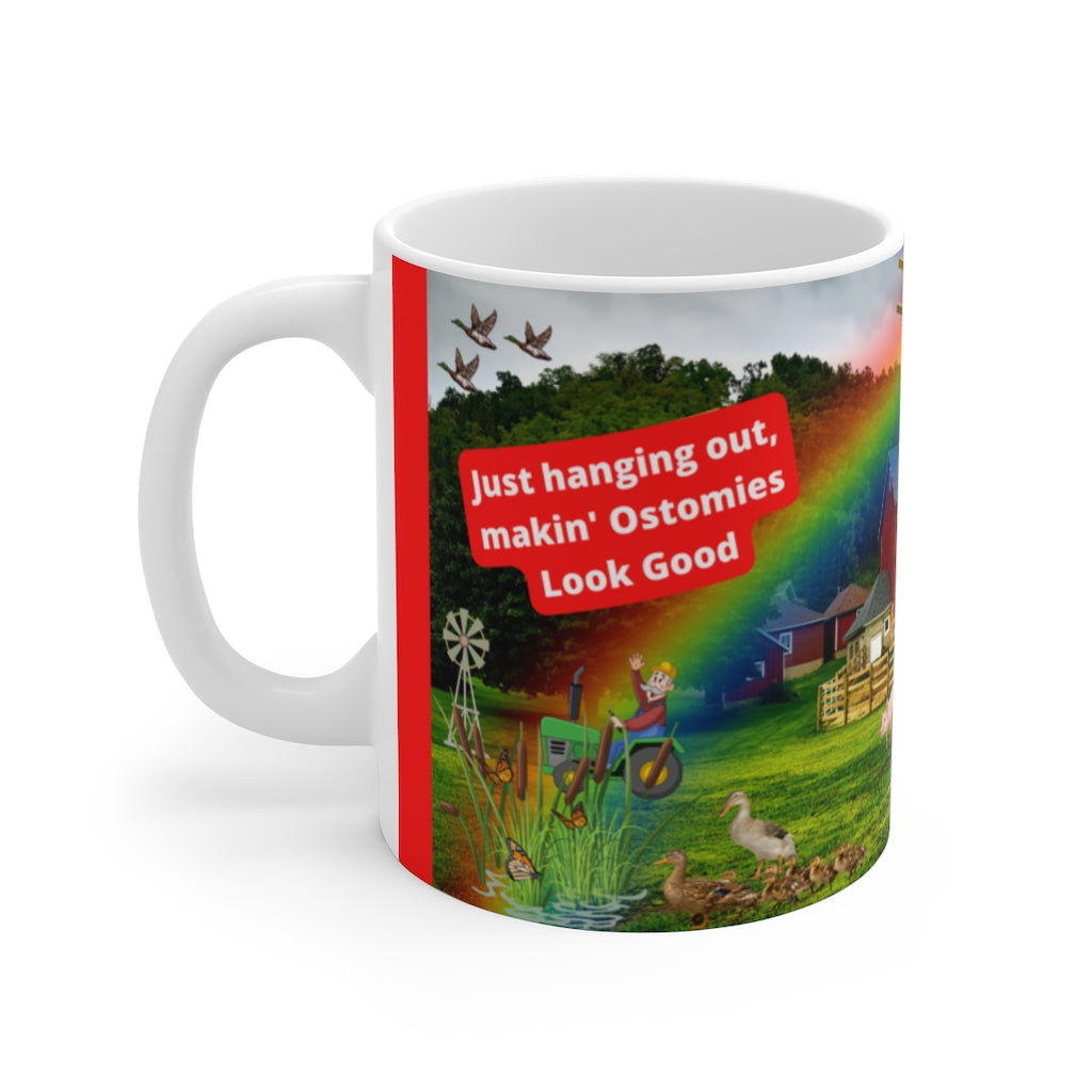MAKIN' OSTOMIES LOOK GOOD ON THE FARM White Ceramic Mug (red)