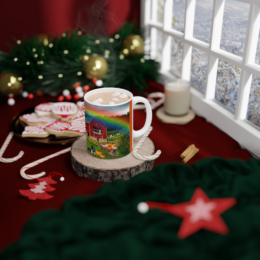 MAKIN' OSTOMIES LOOK GOOD ON THE FARM White Ceramic Mug (orange)