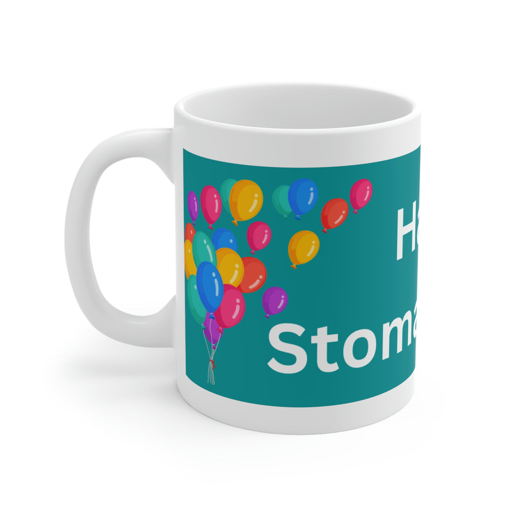 HAPPY STOMA-VERSARY White Ceramic Mug (dark turquoise)