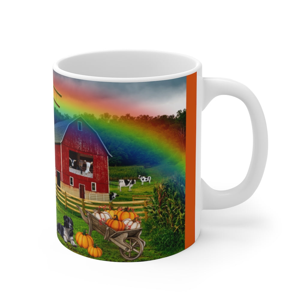 MAKIN' OSTOMIES LOOK GOOD ON THE FARM White Ceramic Mug (orange)