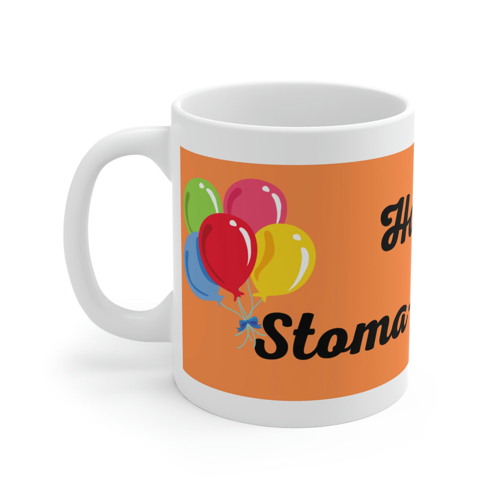 HAPPY STOMA-VERSARY White Ceramic Mug (orange/black)