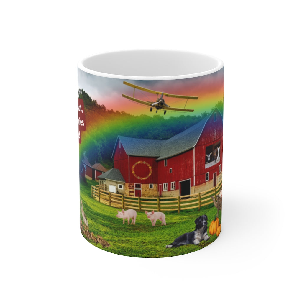 MAKIN' OSTOMIES LOOK GOOD ON THE FARM White Ceramic Mug (deep barn red)