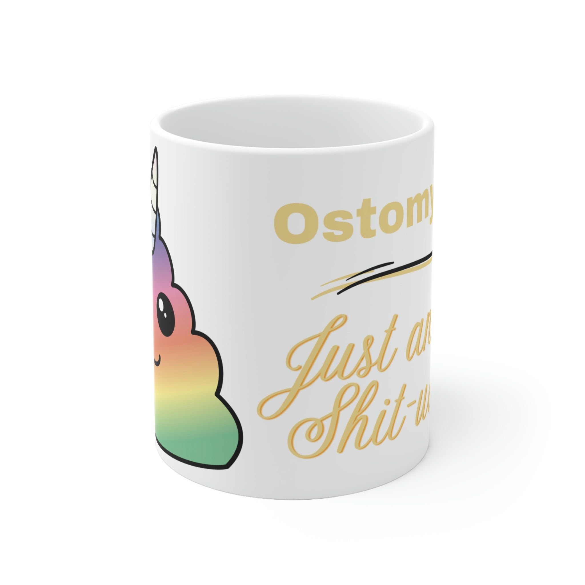 OSTOMY LIFE SHIT-UATION White Ceramic Mug (unicorn yellow)