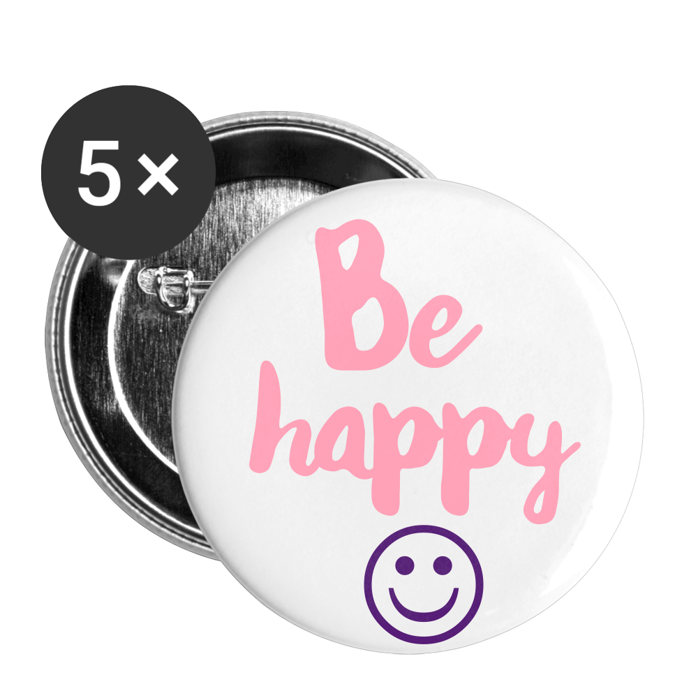BE HAPPY SMILEY FACE PINK Buttons large 2.2'' (5-pack) - white