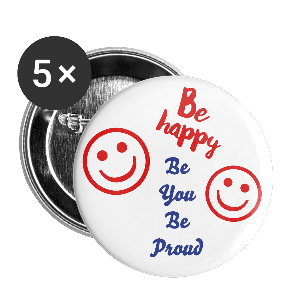 BE HAPPY Buttons large 2.2'' (5-pack) red/blue - white