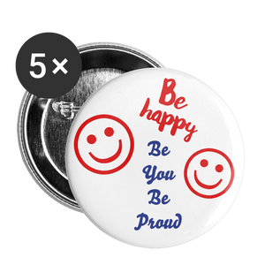 BE HAPPY Buttons large 2.2'' (5-pack) red/blue - white